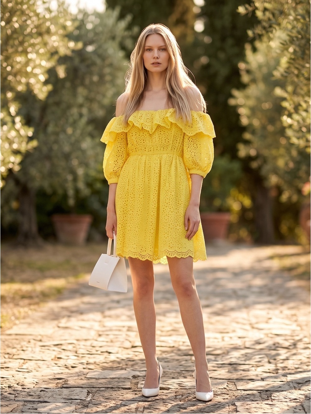 6 (IT 40) MSGM Off-The-Shoulder Broderie Anglaise Cotton Mini Dress